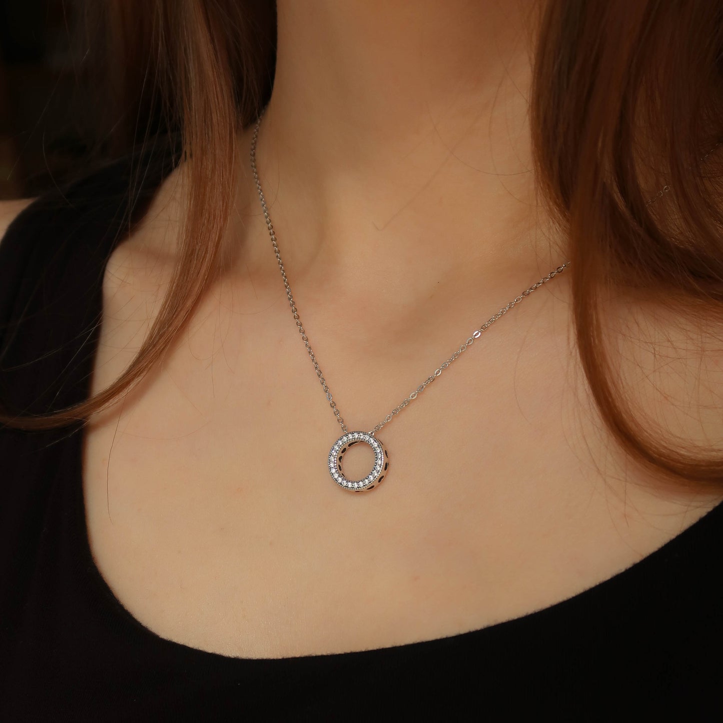 Sterling Silver Circle O Pendant - Women's Round Crystal Necklace (40cm)
