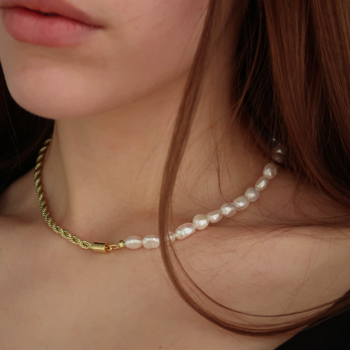 Pearl Gold Rope Chain Necklace (45cm) - Synthetic Pearls on Gold Brass