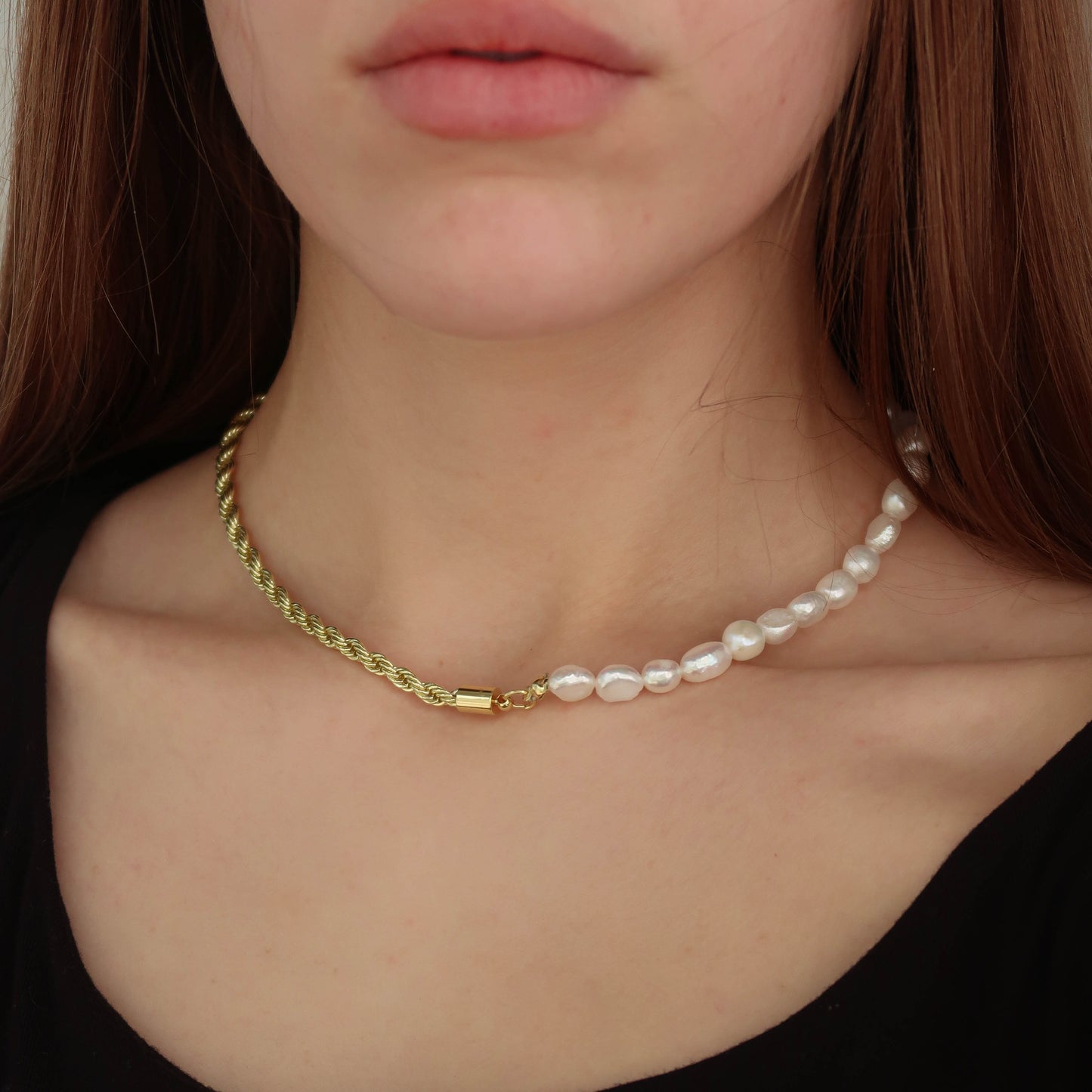 Pearl Gold Rope Chain Necklace (45cm) - Synthetic Pearls on Gold Brass