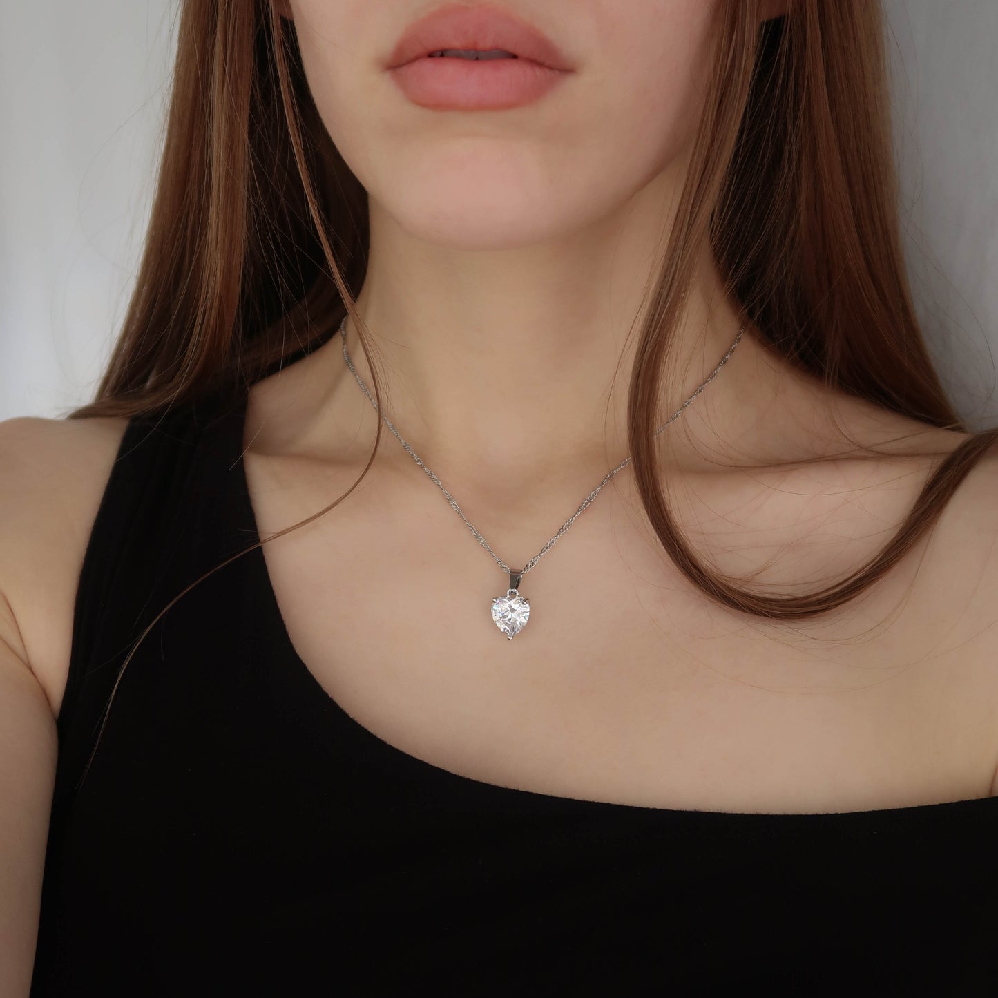 Crystal Heart Necklace - Silver Singapore Chain Love Necklace