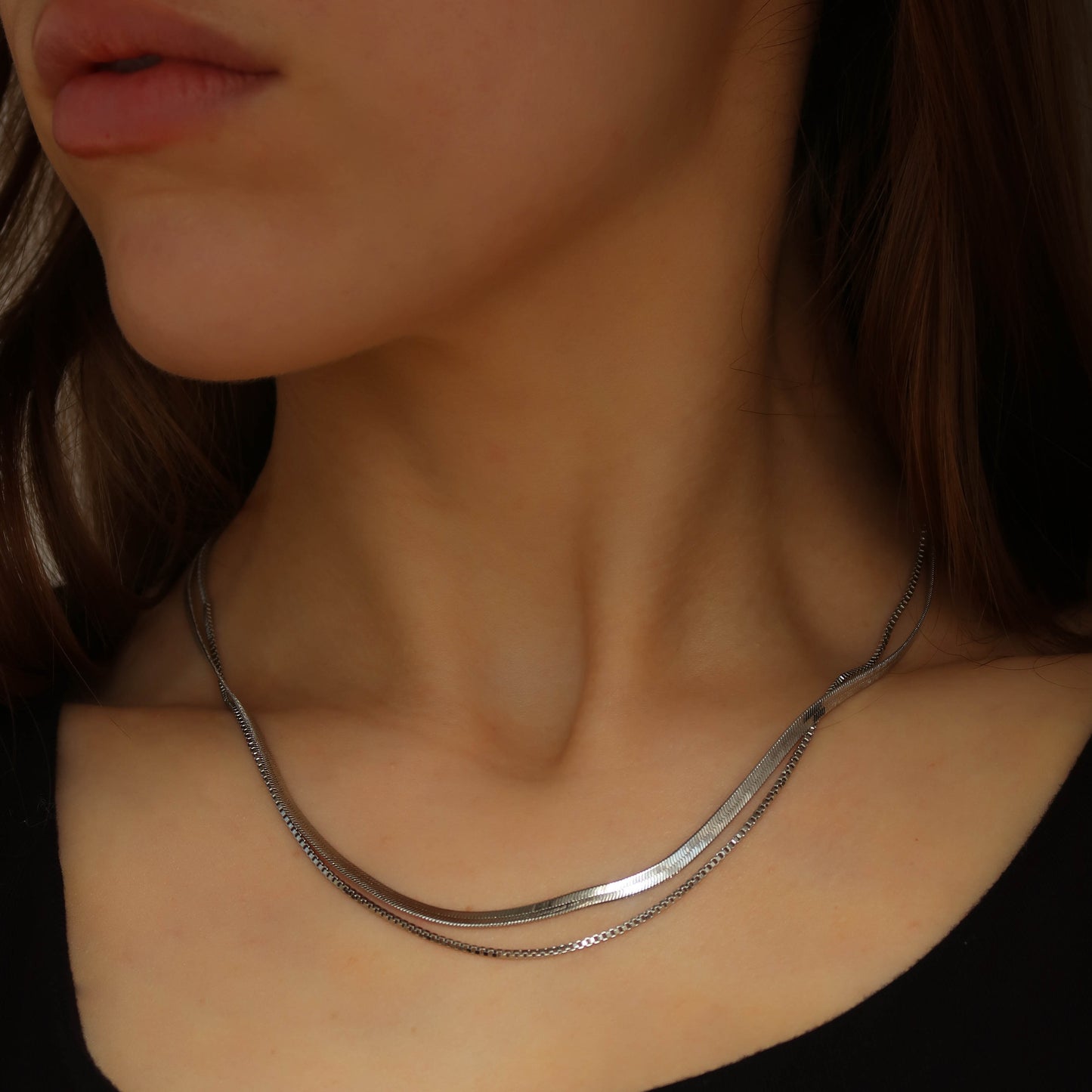 SILVER DOUBLE LAYERED NECKLACE - Flat Snake Chain & Box Chain