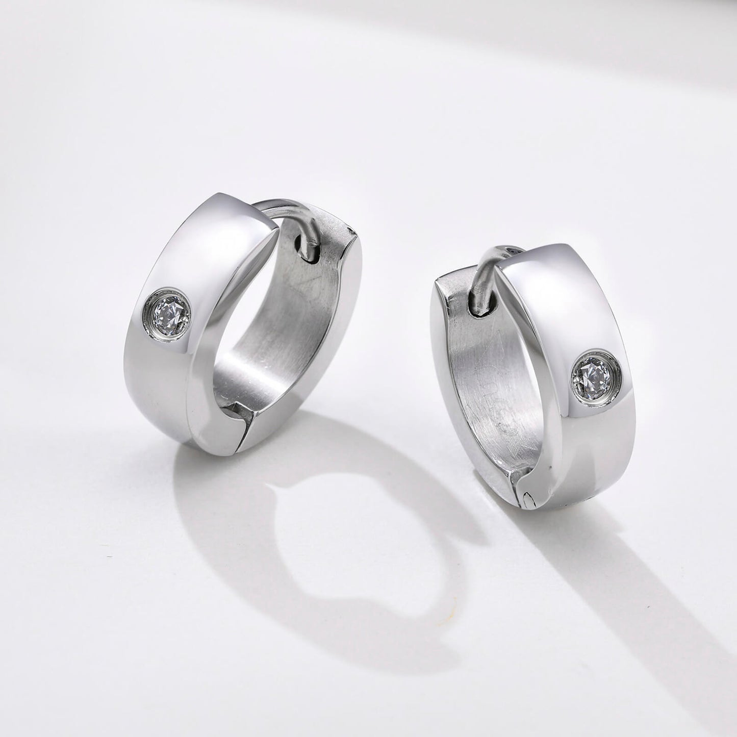 Mens Silver Hoop Earrings, Cubic Zirconia Crystal Stainless Steel