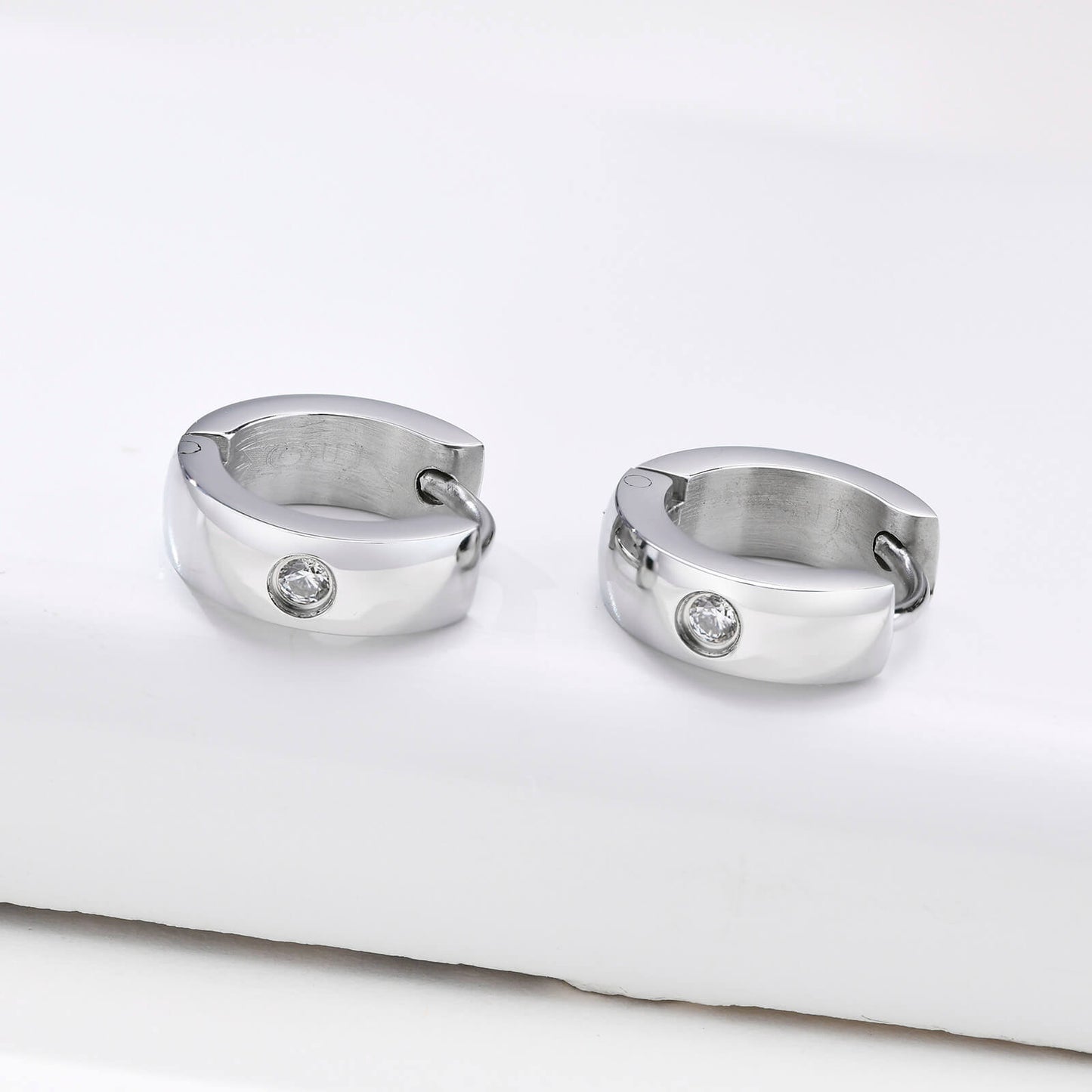 Mens Silver Hoop Earrings, Cubic Zirconia Crystal Stainless Steel