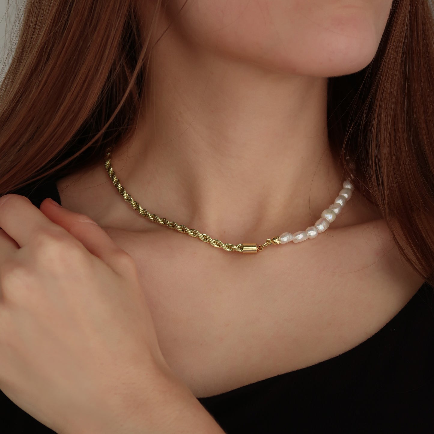 Pearl Gold Rope Chain Necklace (45cm) - Synthetic Pearls on Gold Brass