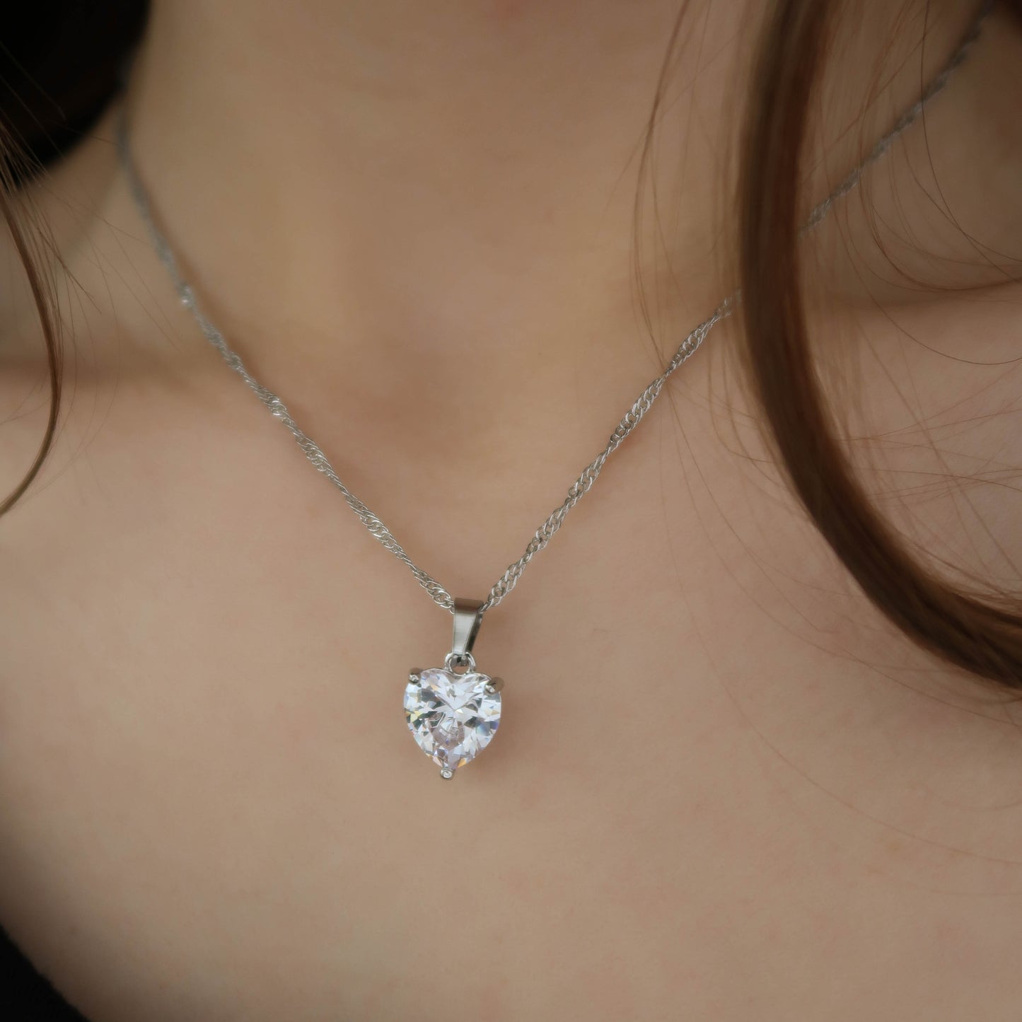 Crystal Heart Necklace - Silver Singapore Chain Love Necklace