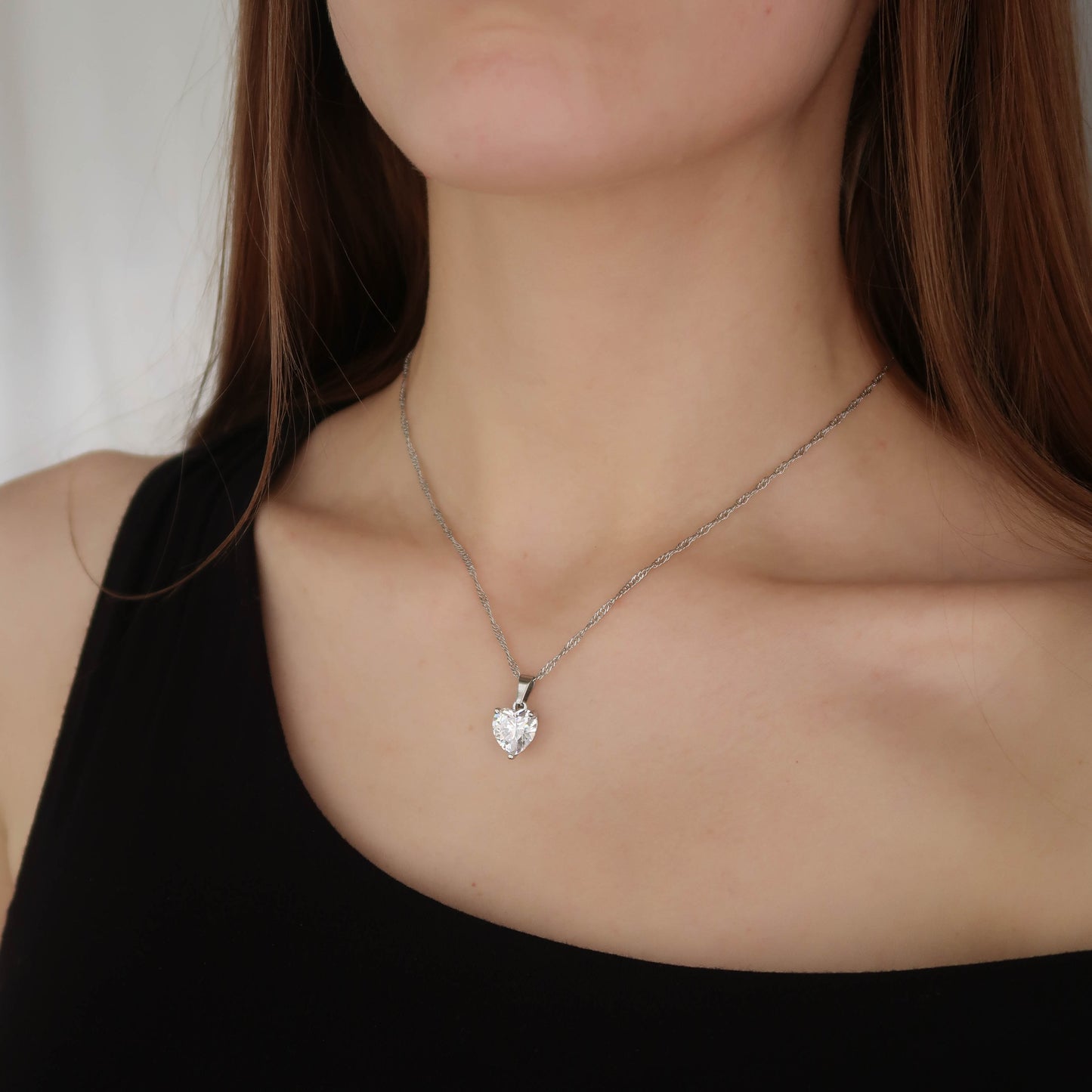 Crystal Heart Necklace - Silver Singapore Chain Love Necklace