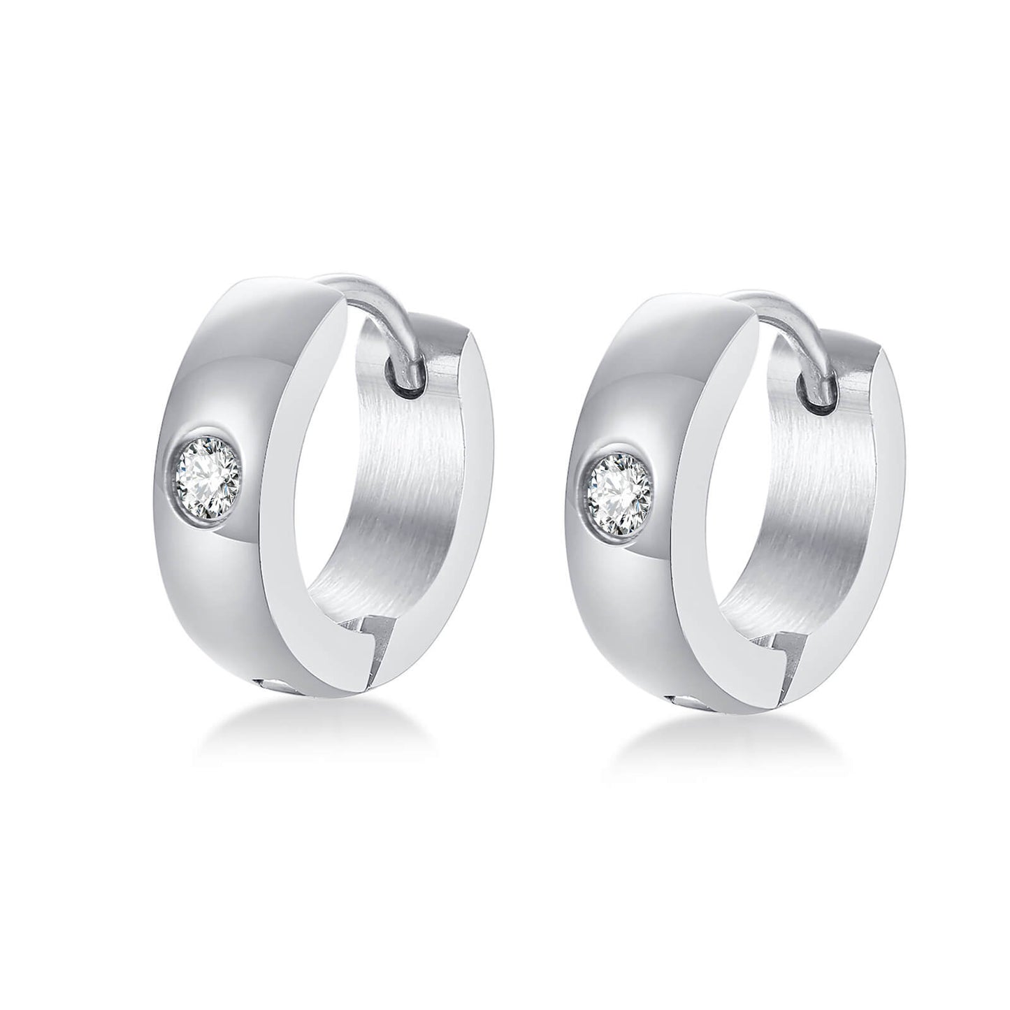 Mens Silver Hoop Earrings, Cubic Zirconia Crystal Stainless Steel