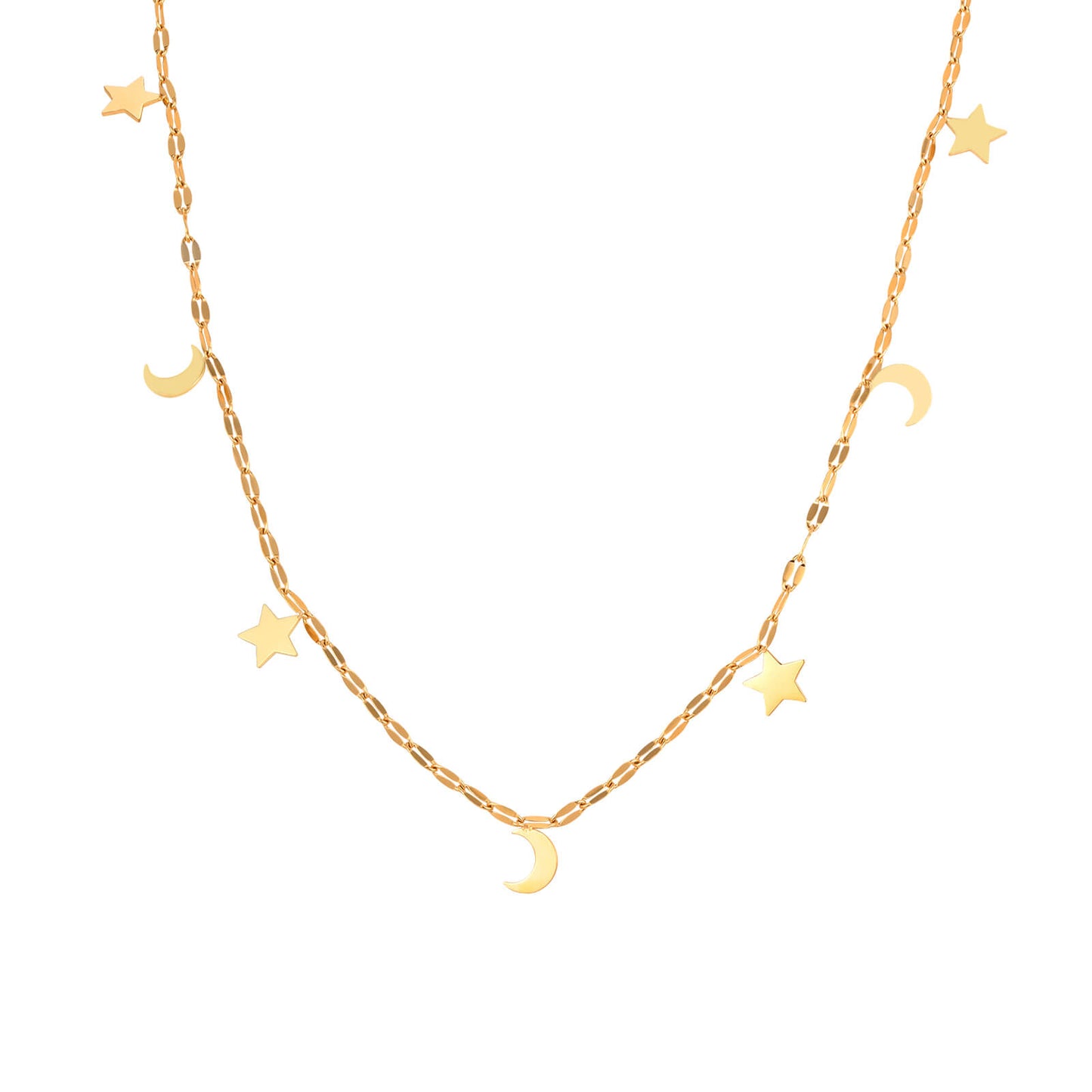 Gold Dainty Necklace, Moon Star Chain