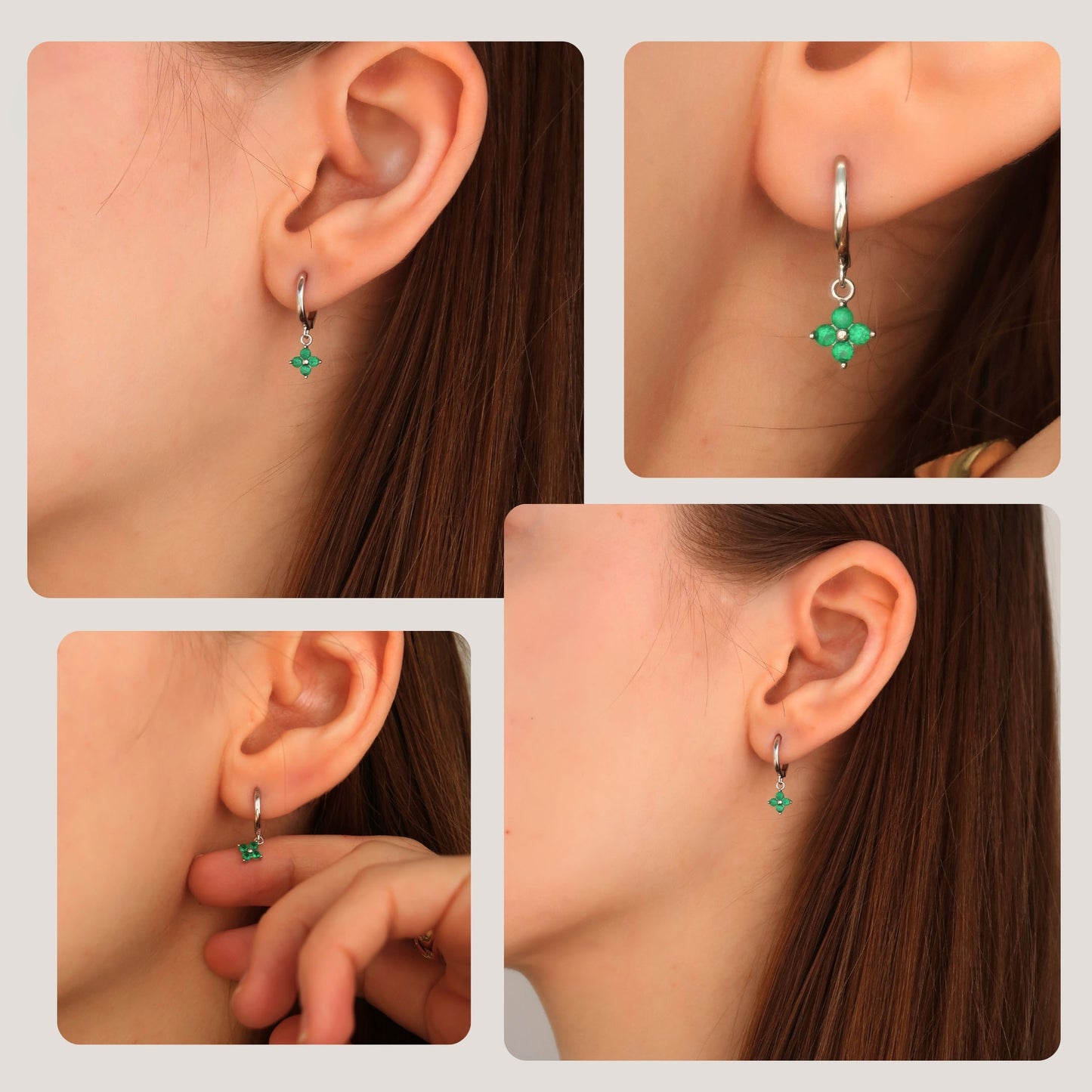 GREEN SPARKLE - Silver Huggie Hoop Earrings (sterling silver)