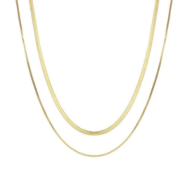 GOLD FLAT SNAKE AND BOX CHAIN LAYERED NECKLACE (high shine finish)