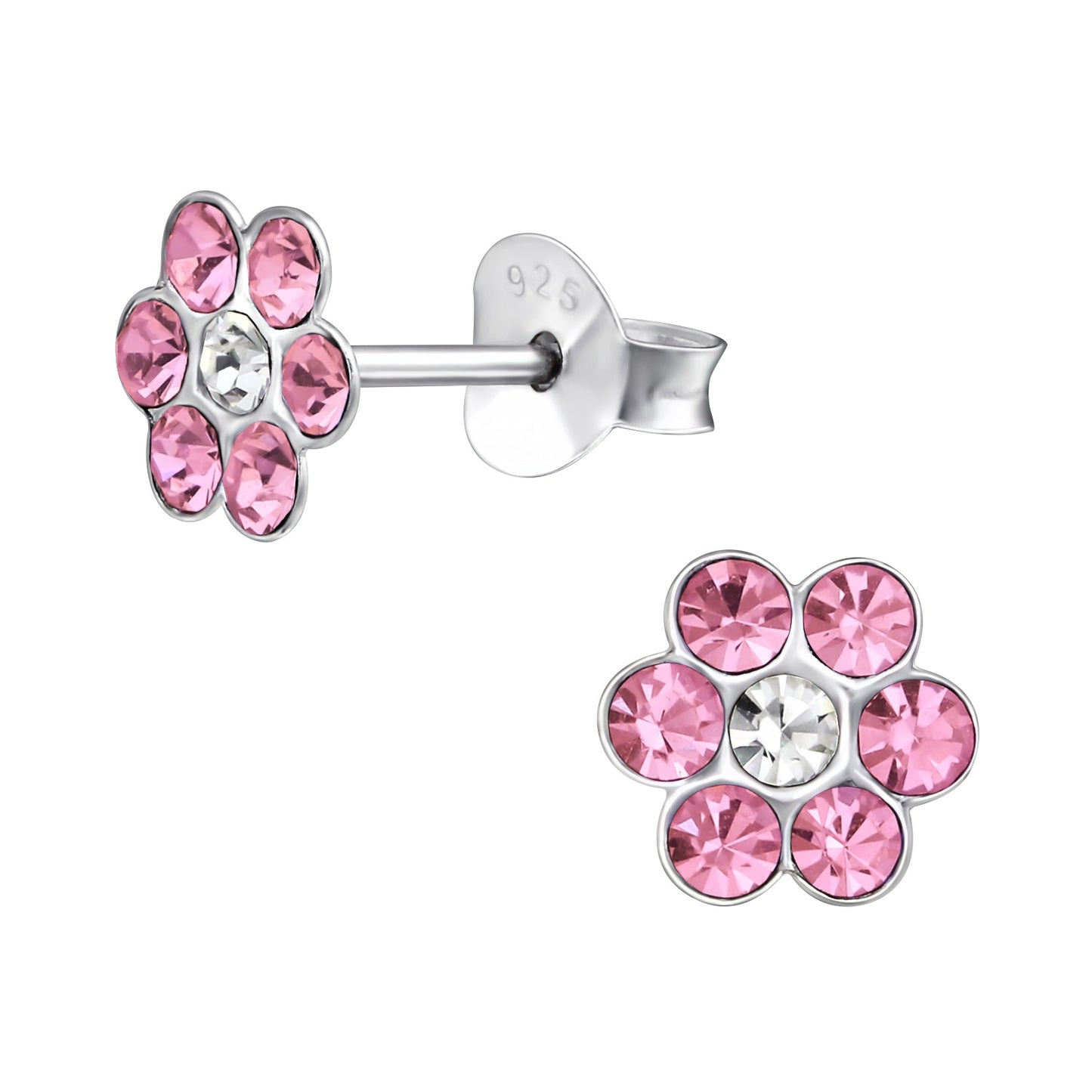 Sterling Silver Flower Studs - Diamanté Crystals Earrings (pink or blue)