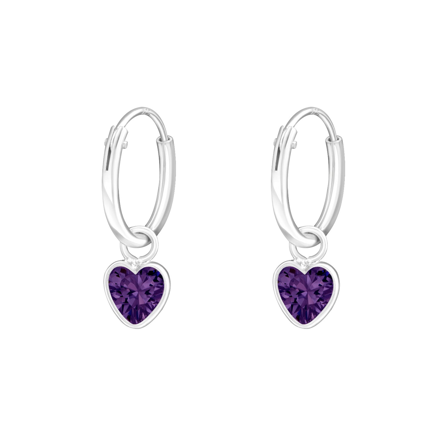 Sterling Silver Purple Heart Shaped Hoop Earrings