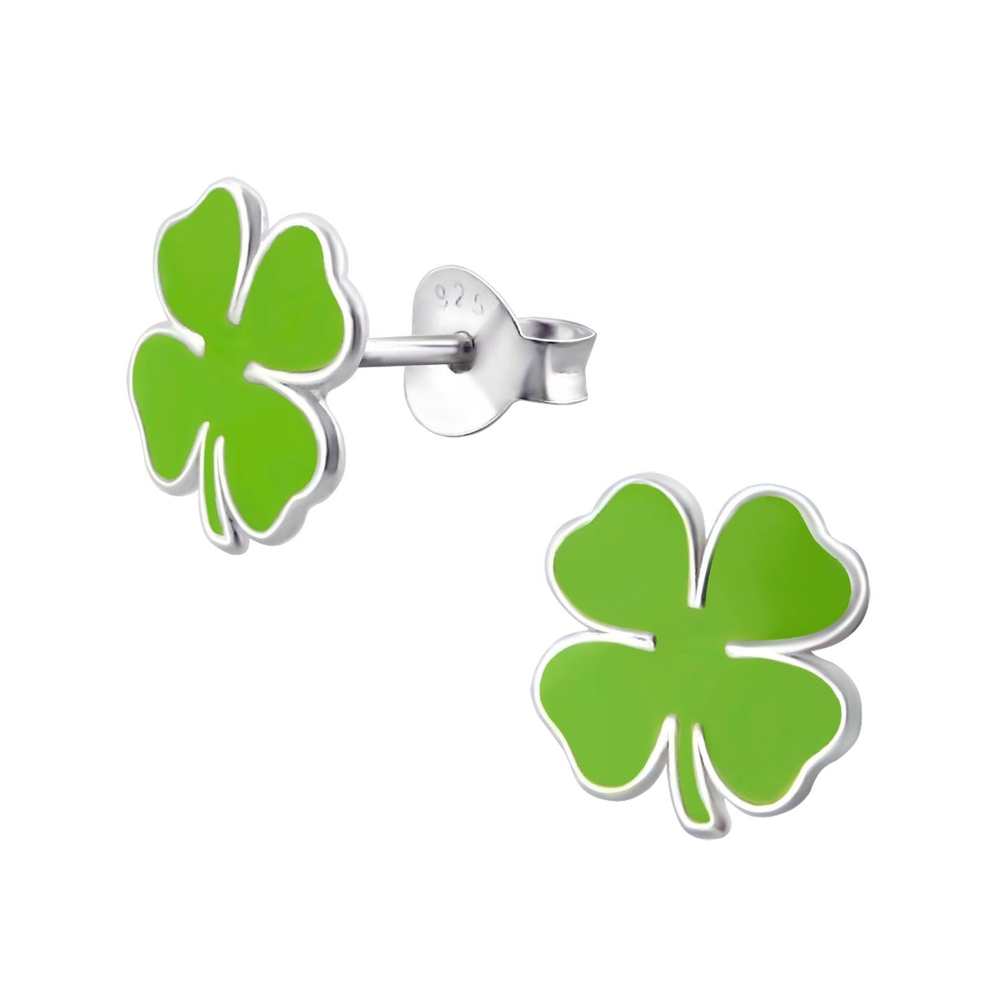 Green Four Leaf Clover - Genuine Sterling Silver Earrings