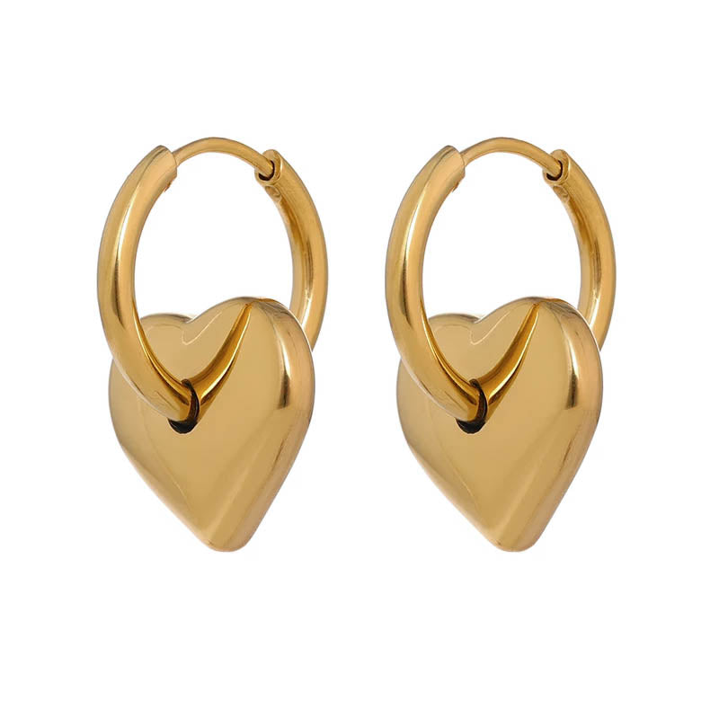 Gold Heart Charm Huggie Hoops - Stainless Steel Earrings