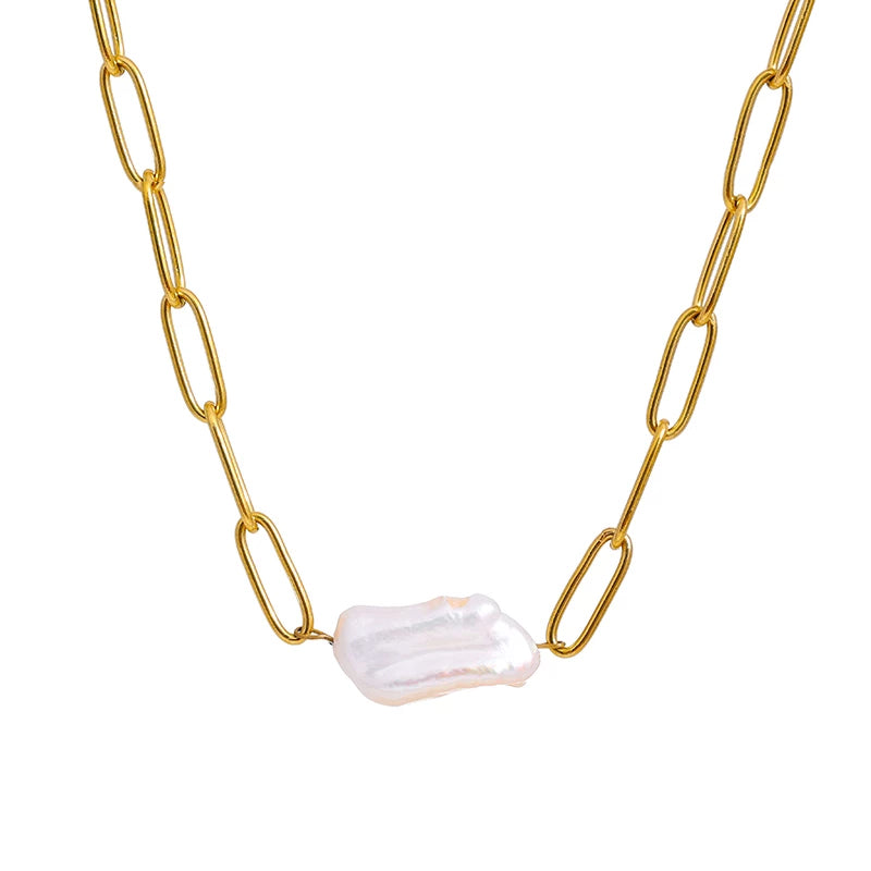 Gold Paperclip Pearl Necklace - Gold Oval Cable Chain (42cm)