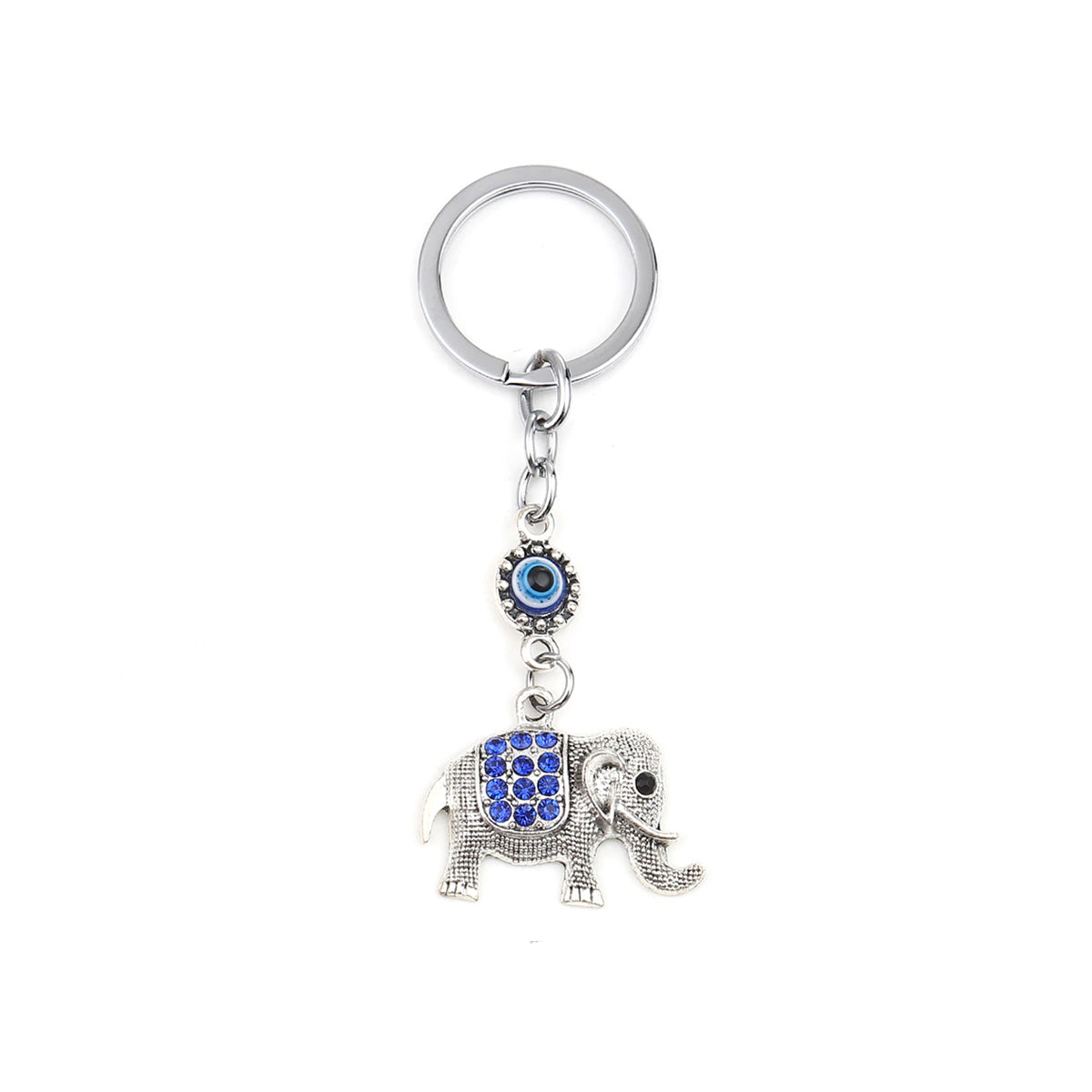 Silver Elephant Key Ring - Blue Evil Eye Protection Symbol