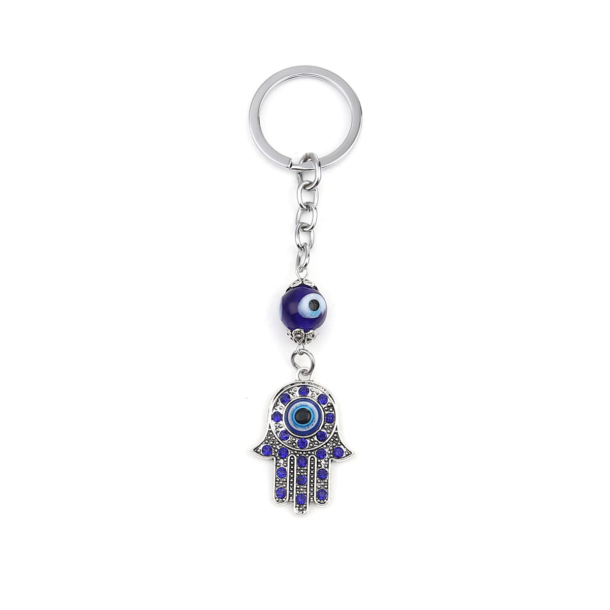 Silver Hamsa Key Ring - Blue Evil Eye Protection Symbol