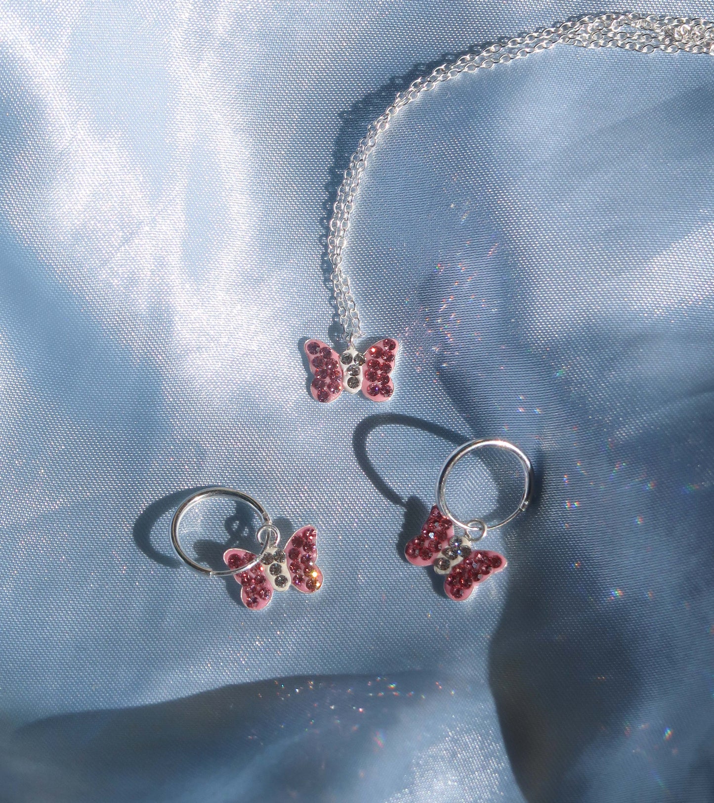 KIDS PINK BUTTERFLY NECKLACE- Shiny Diamanté Crystals on Sterling Silver