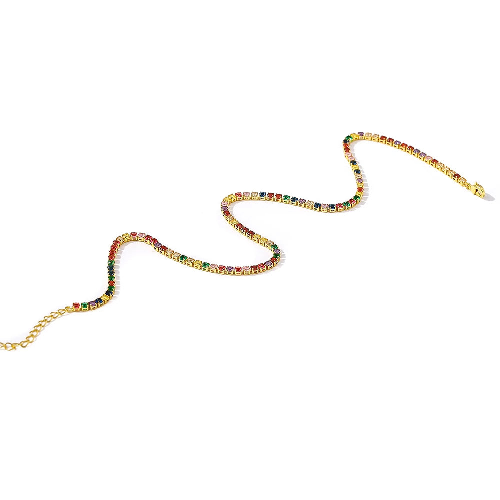Colourful Rhinestone Crystal Necklace: Short Gold Necklace (Multi Colour)