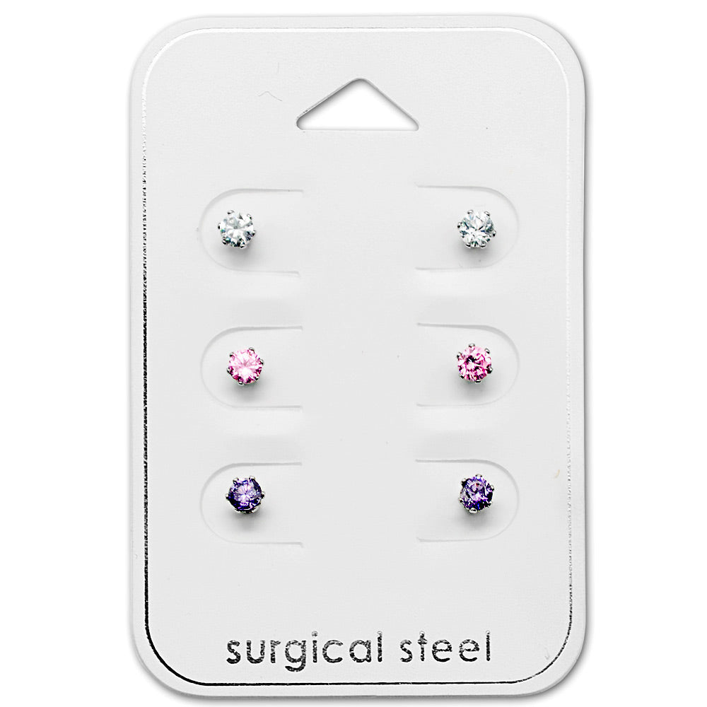 Surgical Steel Stud Earrings (3 PACK) - Pink, Purple & Clear