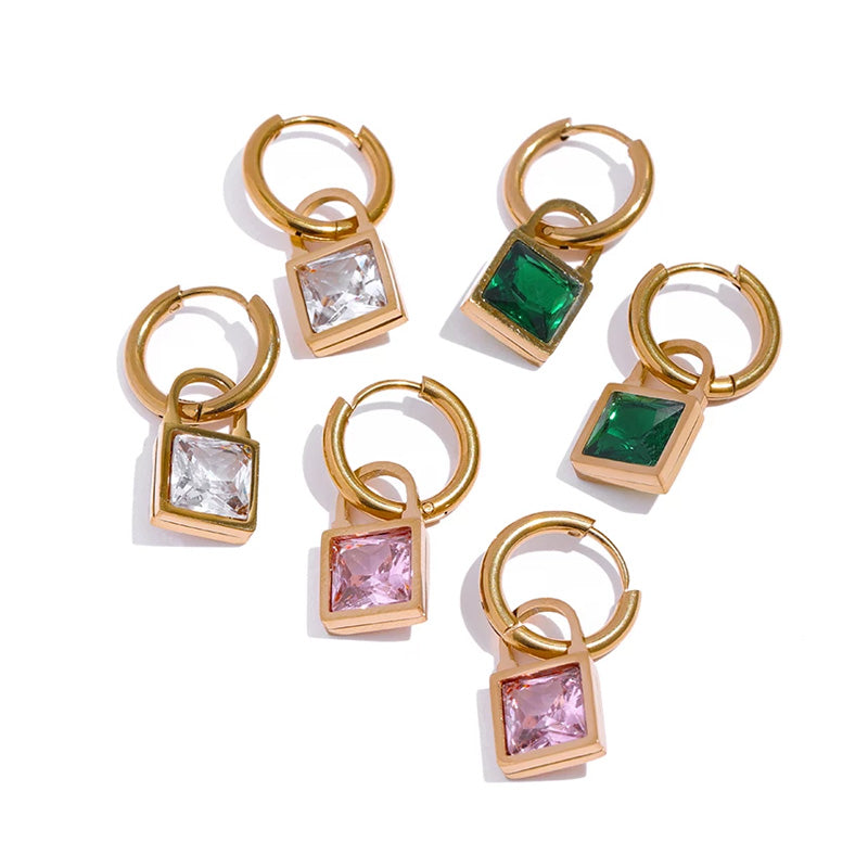 Sparkle Square - GOLD Drop Huggie Hoop Earrings (pink, green, white)