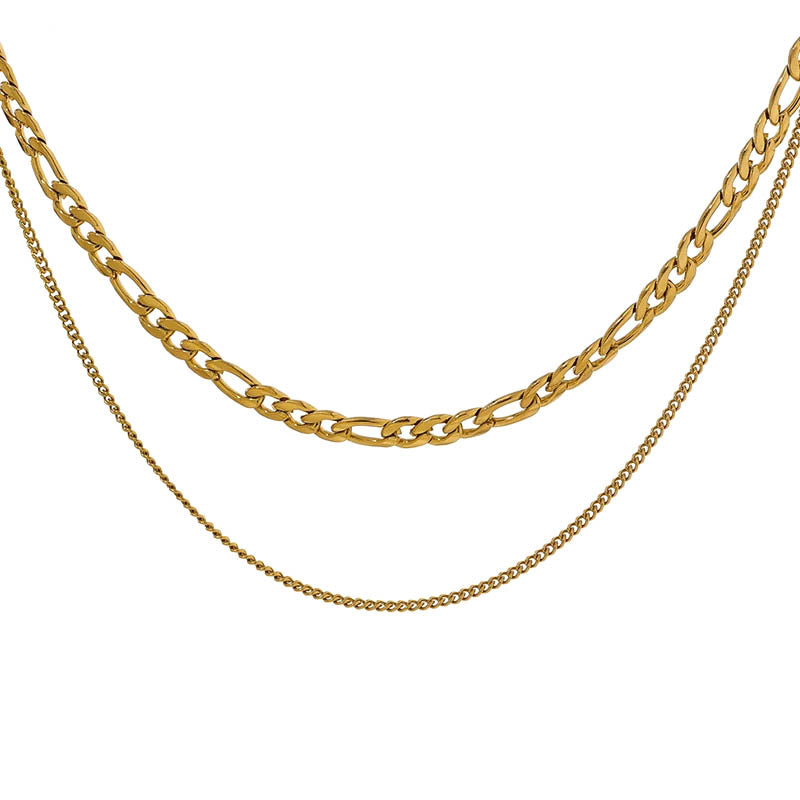 WOMEN'S GOLD DOUBLE LAYERED NECKLACE Figaro Chain & Curb Chain