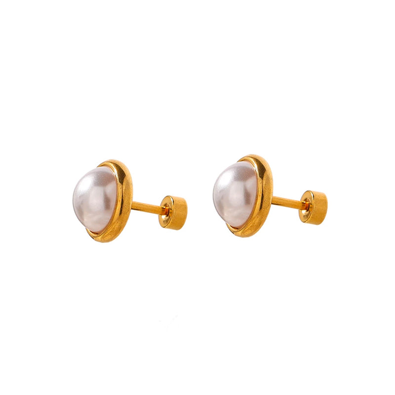 Gold Pearl Screw Back Earrings (Imitation Pearls)