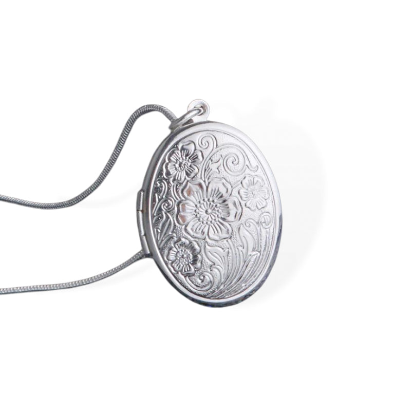 Silver Flower Open Oval Locket Necklace (46cm)