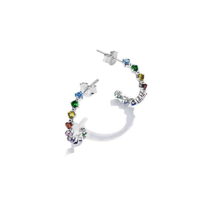Sterling Silver Rainbow Half Hoops - Cubic Zirconia Crystal Earrings
