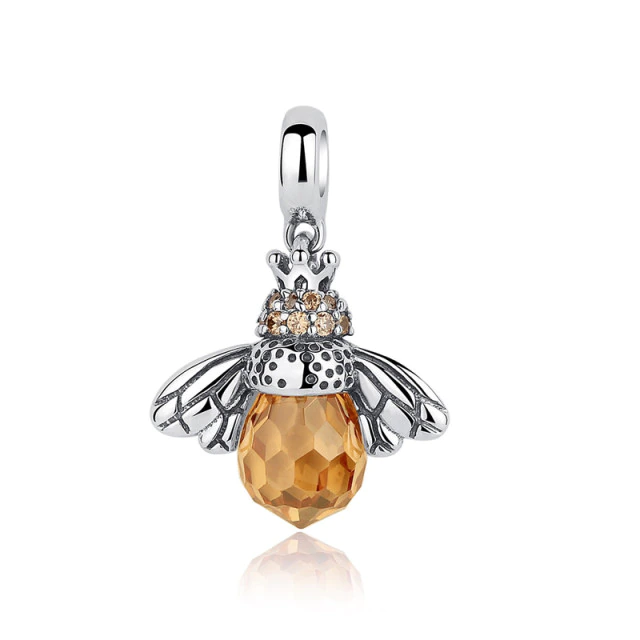 Women's Queen Bee Crown Charm Necklace (45cm chain): 925 Sterling Silver Jewellery orange silver crown pave