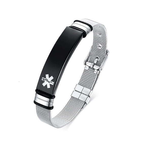 BLACK Grey Mesh Medical ID - Stainless Steel Medical Alert Bracelet