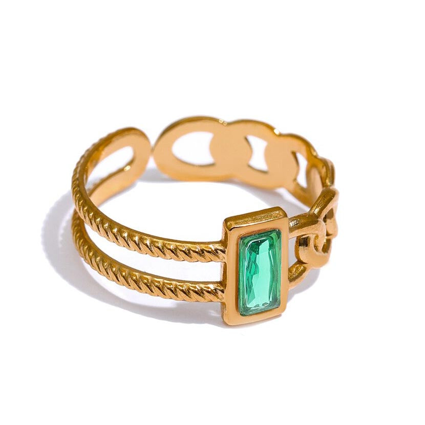 TEX GREEN GEM - Textured Double Band Gold Ring (size 5.5 - 7)