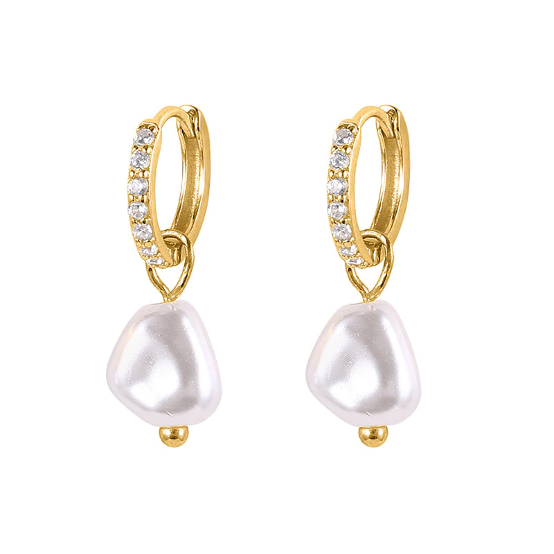 gold hanging pearl earrings with crystal pave hoops