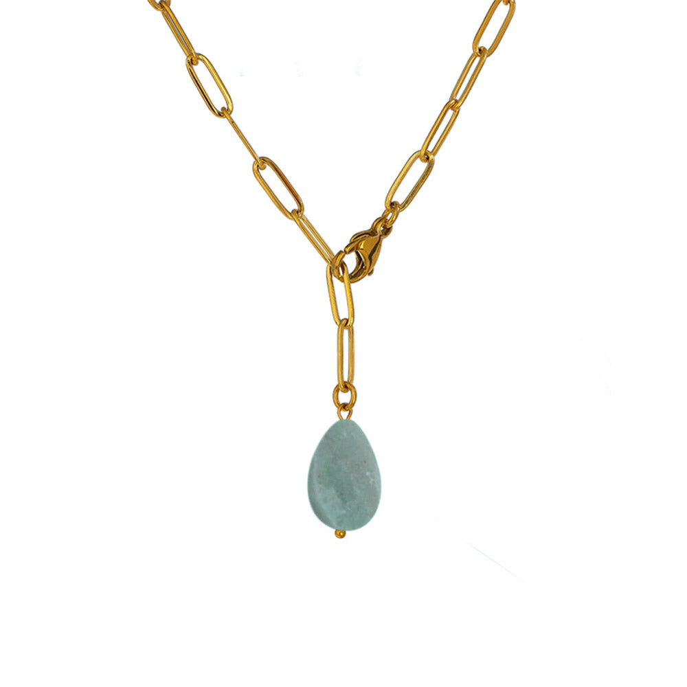 GREEN STONE - Adjustable Lariat Paperclip Cable Necklace (Gold)