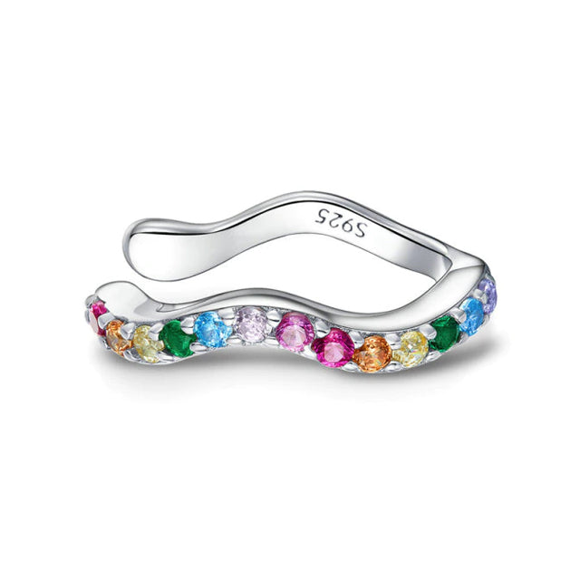Silver Wave Multi Colour Ear Cuff - Rainbow Crystals (sterling silver)