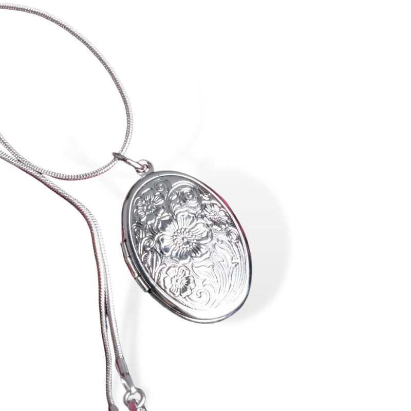 Silver Flower Open Oval Locket Necklace (46cm)