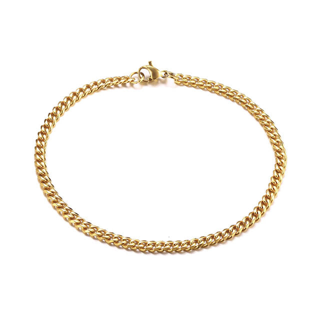 Gold Curb Chain Cuban Link 3mm Bracelet for Men, Women, Unisex