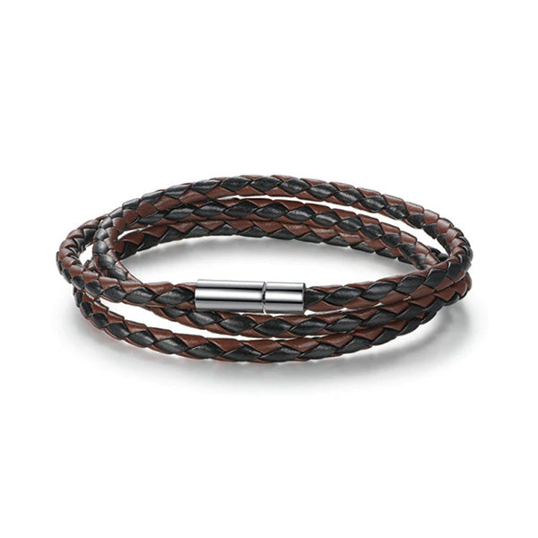 Braided Wrist Band Bracelet - Black & Brown Faux Leather