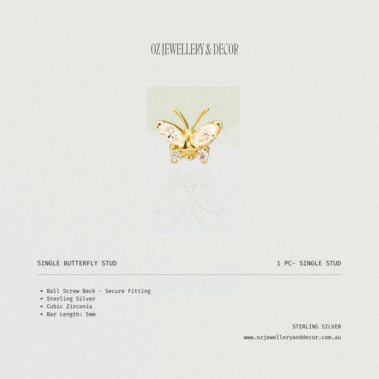 SINGLE BUTTERFLY STUD (single earring) - Screw Backs 5mm for Thin Ears