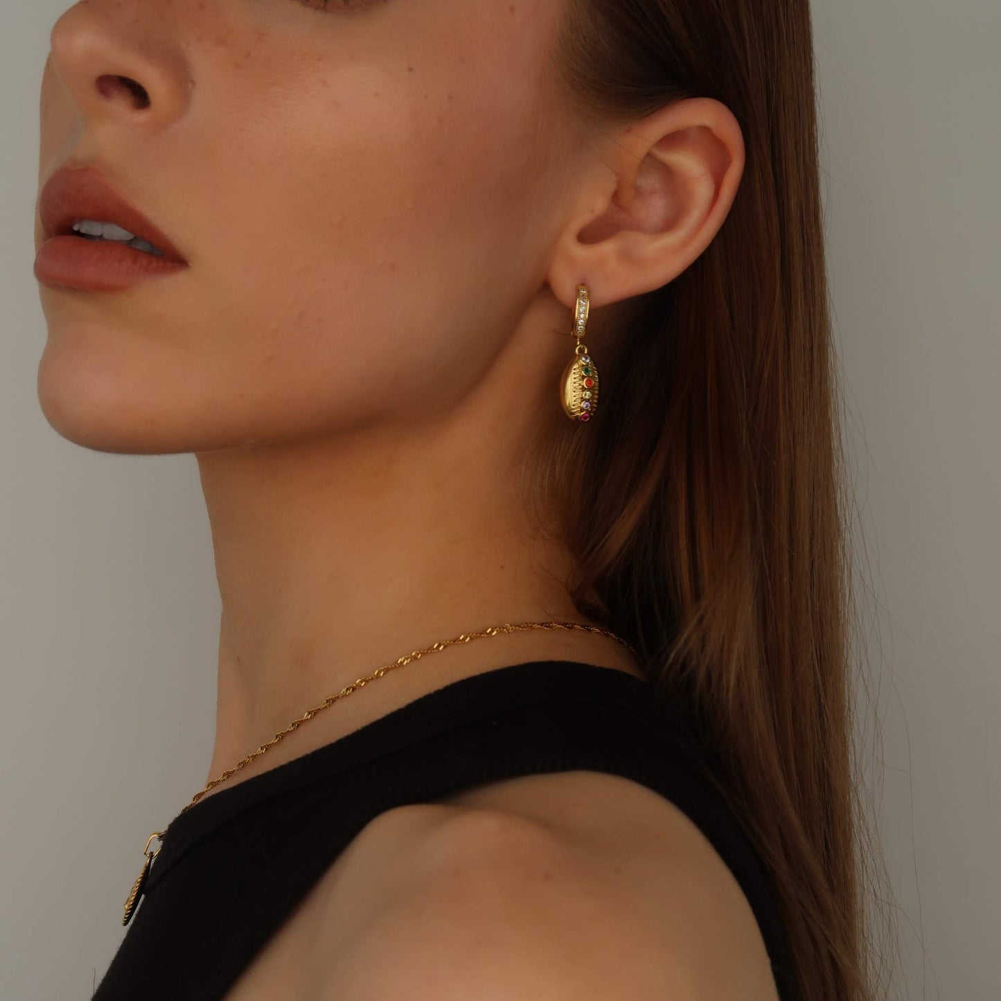 Gold Pave Shell - Small Drop Hoop Earrings (Gold-toned Copper)