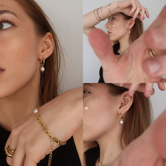 Imitation Pearl Charm Hoops - Gold Stainless Steel Earrings