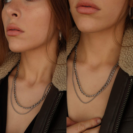 Silver Layered Figaro & Curb Chain - Silver Necklace