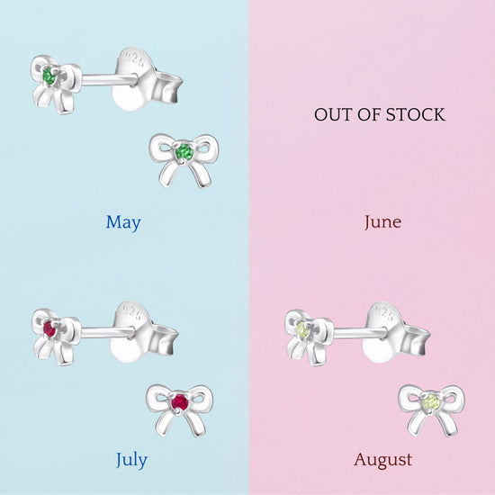 Birthstone Bow Earrings - Personalised Sterling Silver Birthday Studs