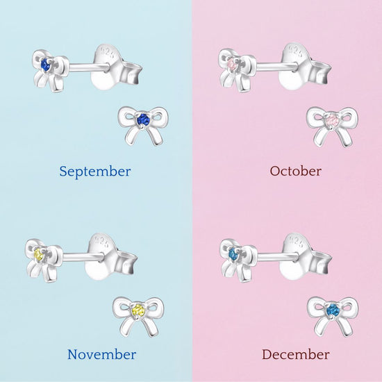 Birthstone Bow Earrings - Personalised Sterling Silver Birthday Studs