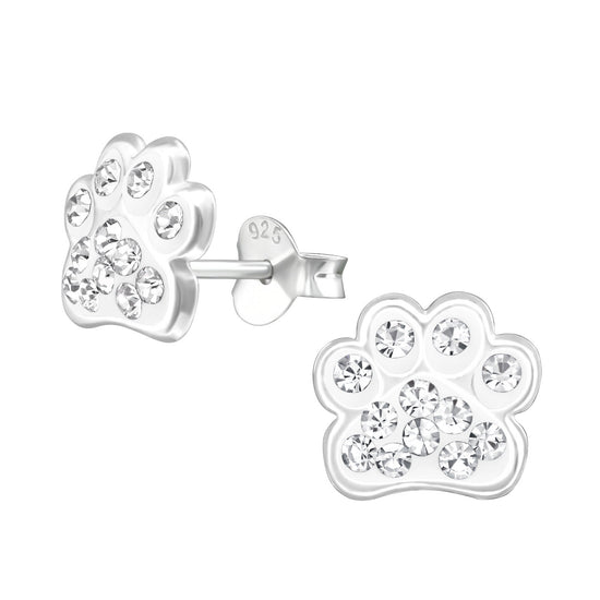 Dog Paw Print Stud Earrings - Sterling Silver and Diamonte Crystals