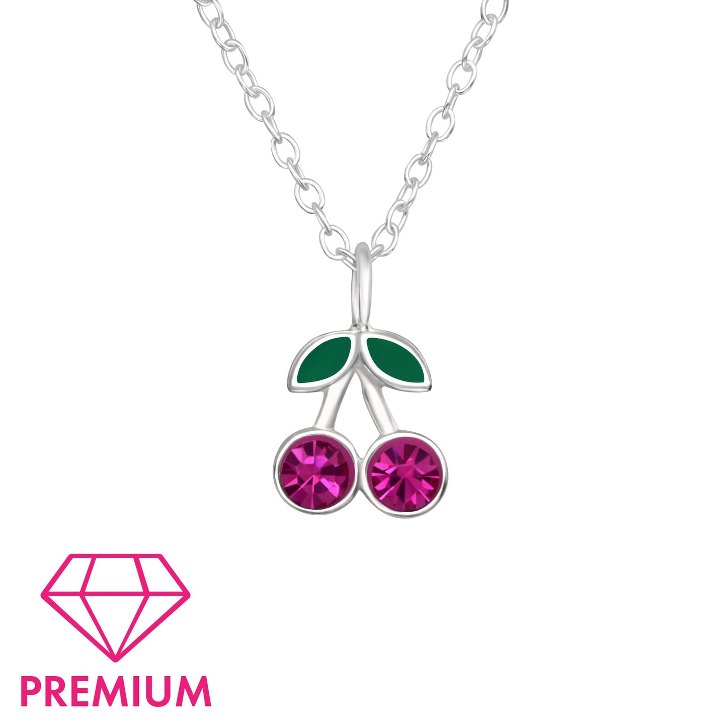 Silver necklace with cherry pendant featuring pink gemstones on a white background