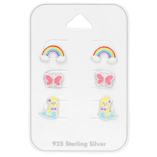 Kids Sterling Silver Earrings, Set of 3 - Rainbow, Mermaid, Butterfly
