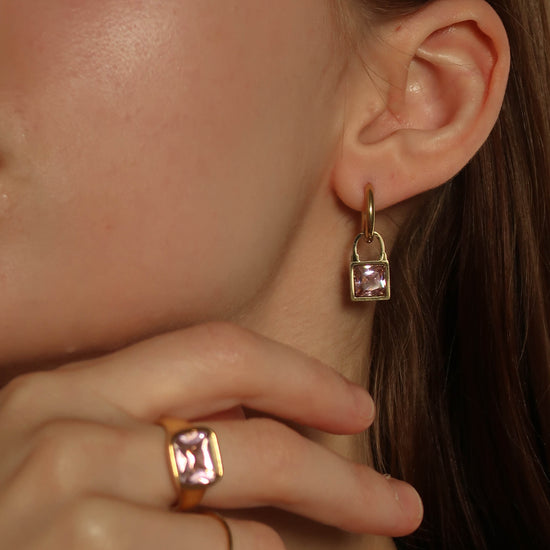 Sparkle Square - GOLD Drop Huggie Hoop Earrings (pink, green, white)