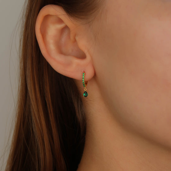 Green Pave Pear - Gold Huggie Hoop Earrings (Sterling Silver)