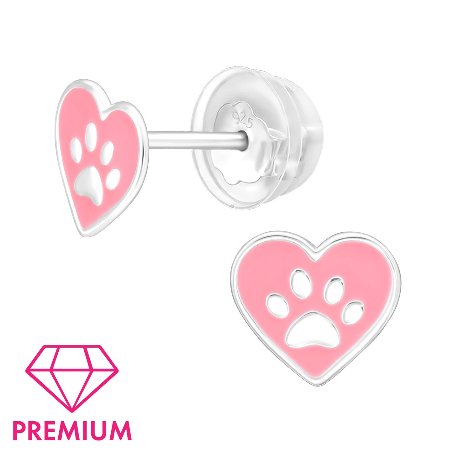 These playful heart-shaped earrings feature a pink enamel paw print, perfect for girls who adore dogs, cats, and all pets. 